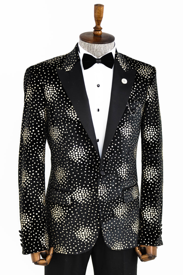 Slim Fit Dot Patterned Black Men Prom Blazer and Trousers Combination- Wessi