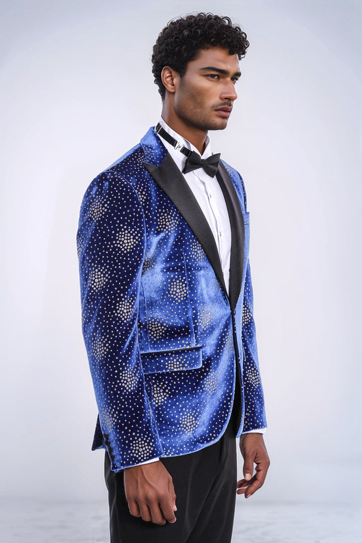 Blazer da ballo da uomo blu con risvolto a lancia con motivo a pois - Wessi