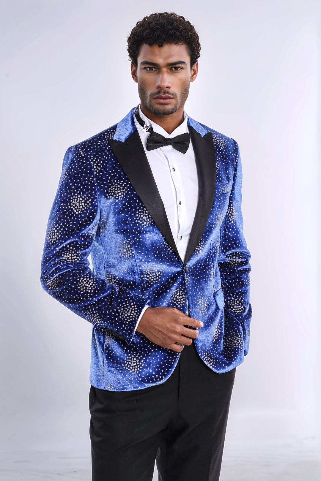 Blazer da ballo da uomo blu con risvolto a lancia con motivo a pois - Wessi