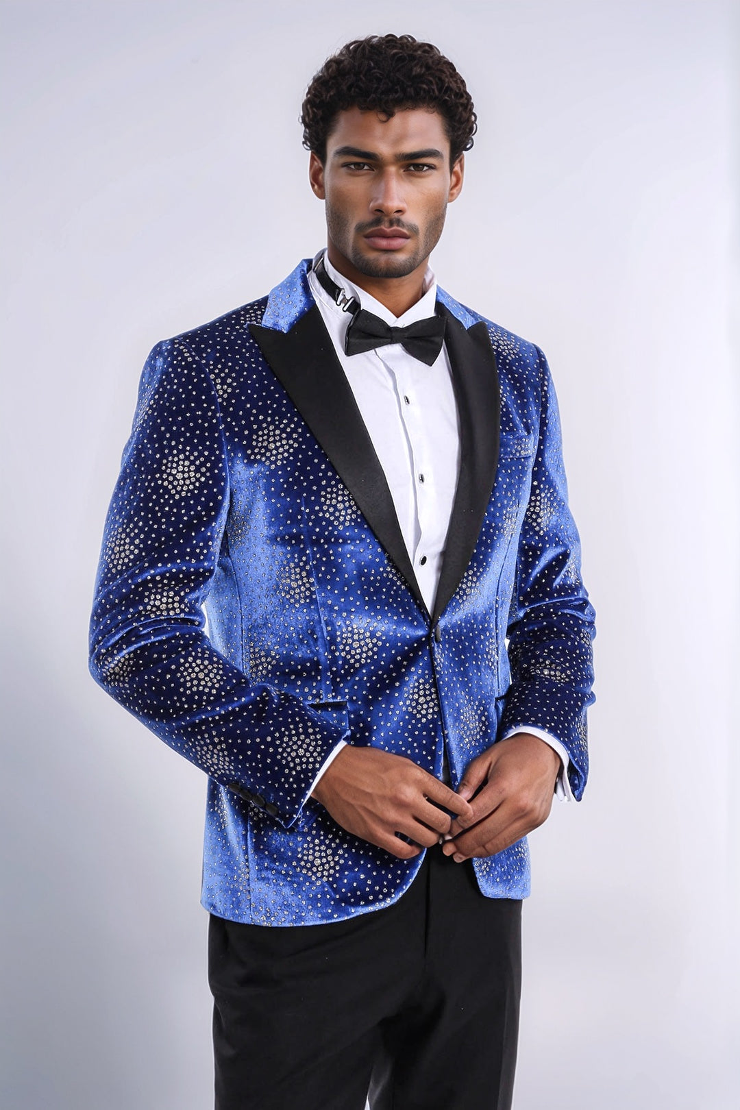 Blazer da ballo da uomo blu con risvolto a lancia con motivo a pois - Wessi