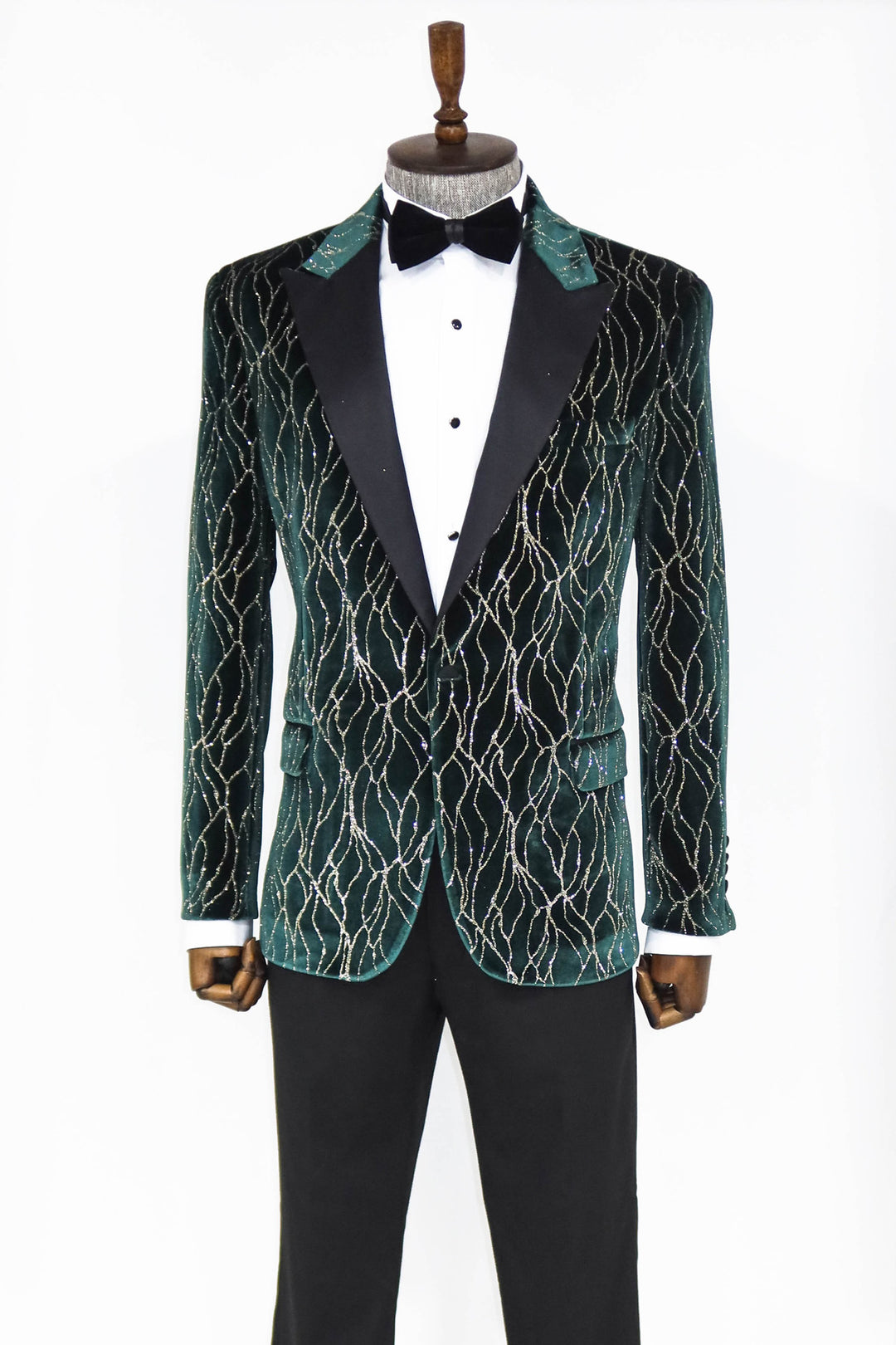 Patterned Dark Green Men Prom Blazer and Trousers Combination- Wessi