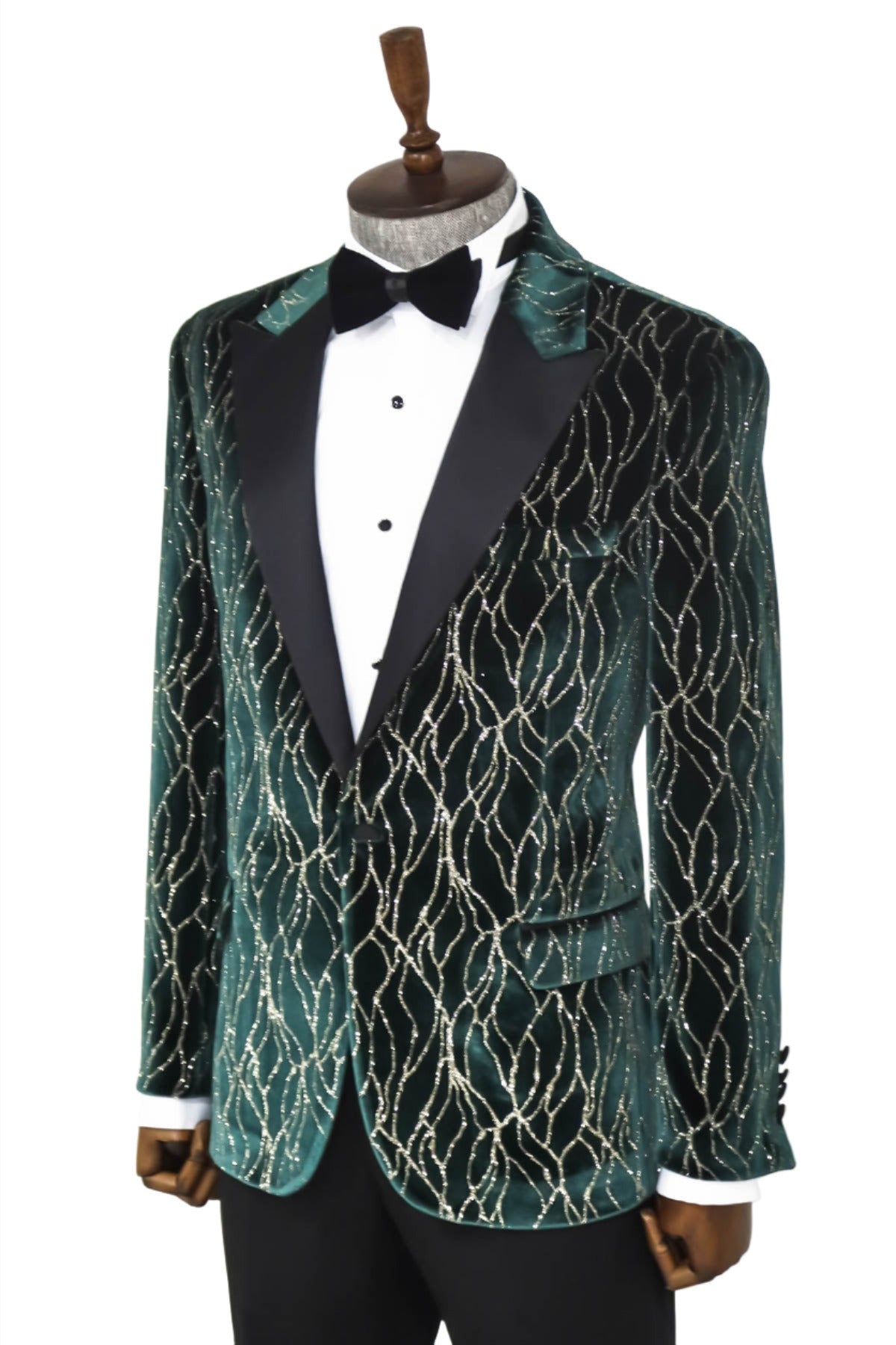 Patterned Dark Green Velvet Men Singer Tuxedo Blazer Wessi