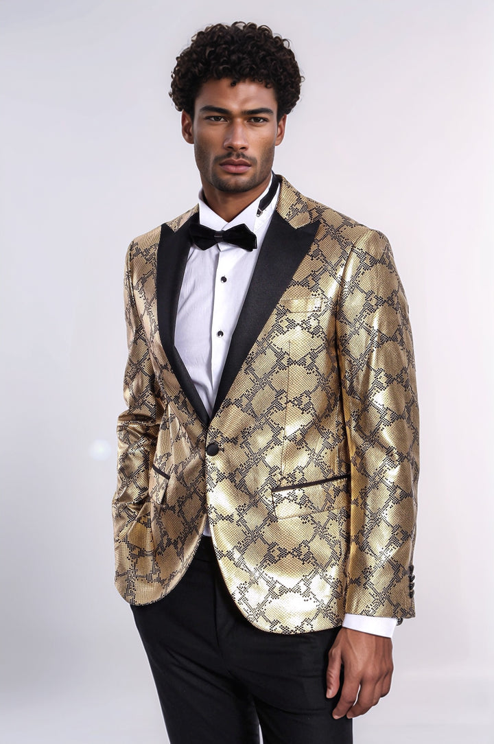 Patterned Slim Fit Gold Men Stage Performance Jacket - Wessi