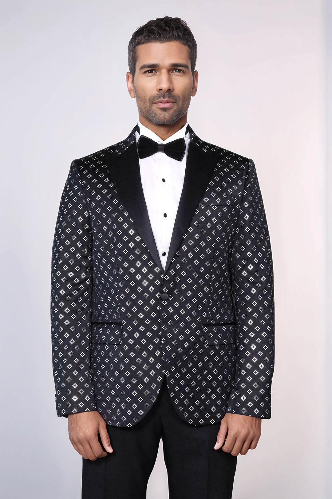 Blazer de fiesta con estampado de diamantes plateados sobre negro para hombre - Wessi