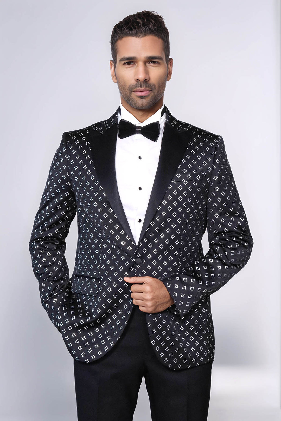 Blazer de fiesta con estampado de diamantes plateados sobre negro para hombre - Wessi