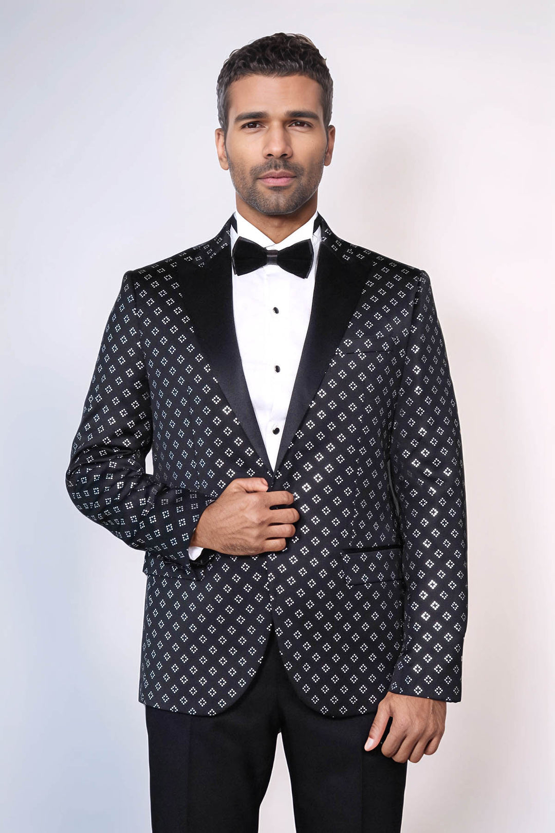 Blazer de fiesta con estampado de diamantes plateados sobre negro para hombre - Wessi