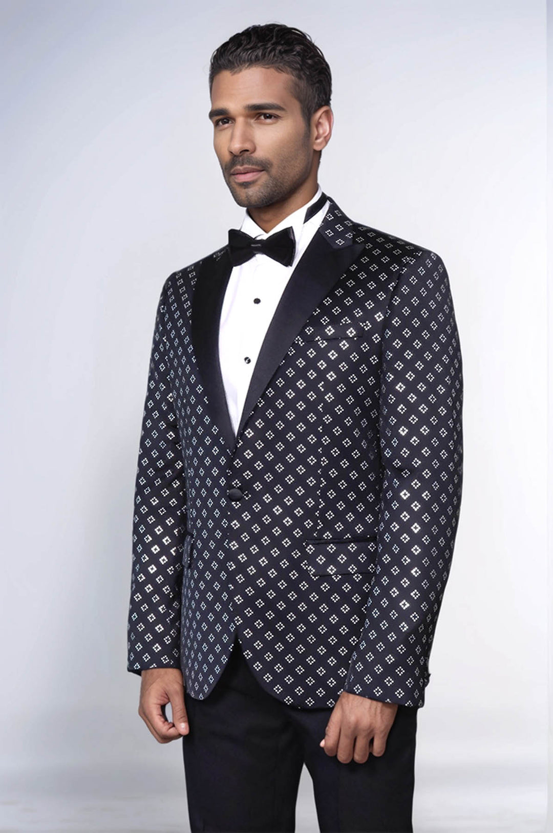 Blazer de fiesta con estampado de diamantes plateados sobre negro para hombre - Wessi