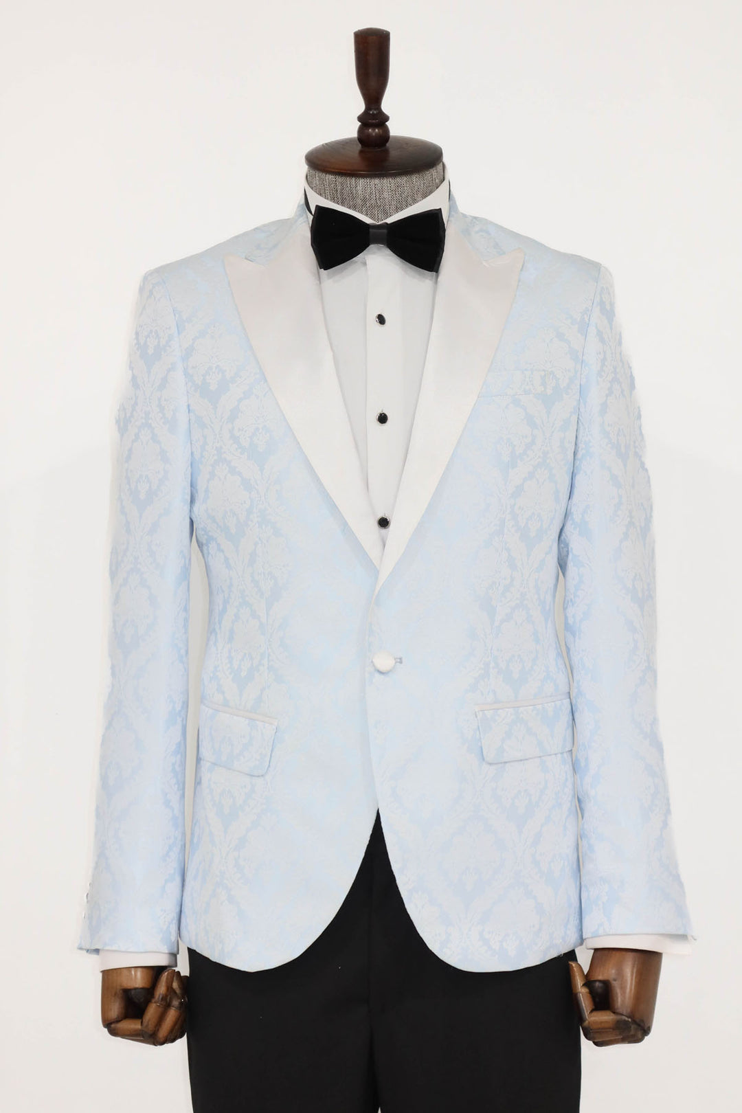 Floral Patterned Peak Lapel Light Blue Men Prom Blazer - Wessi