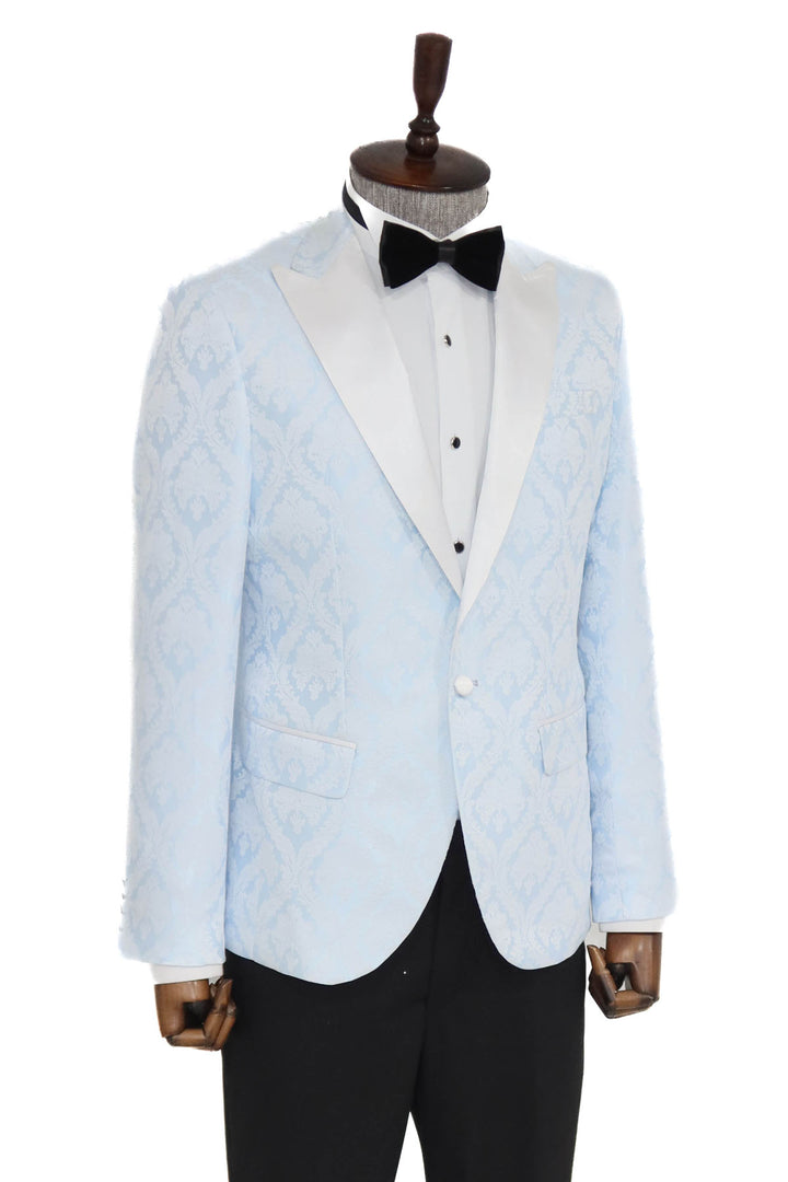 Floral Patterned Peak Lapel Light Blue Men Prom Blazer - Wessi