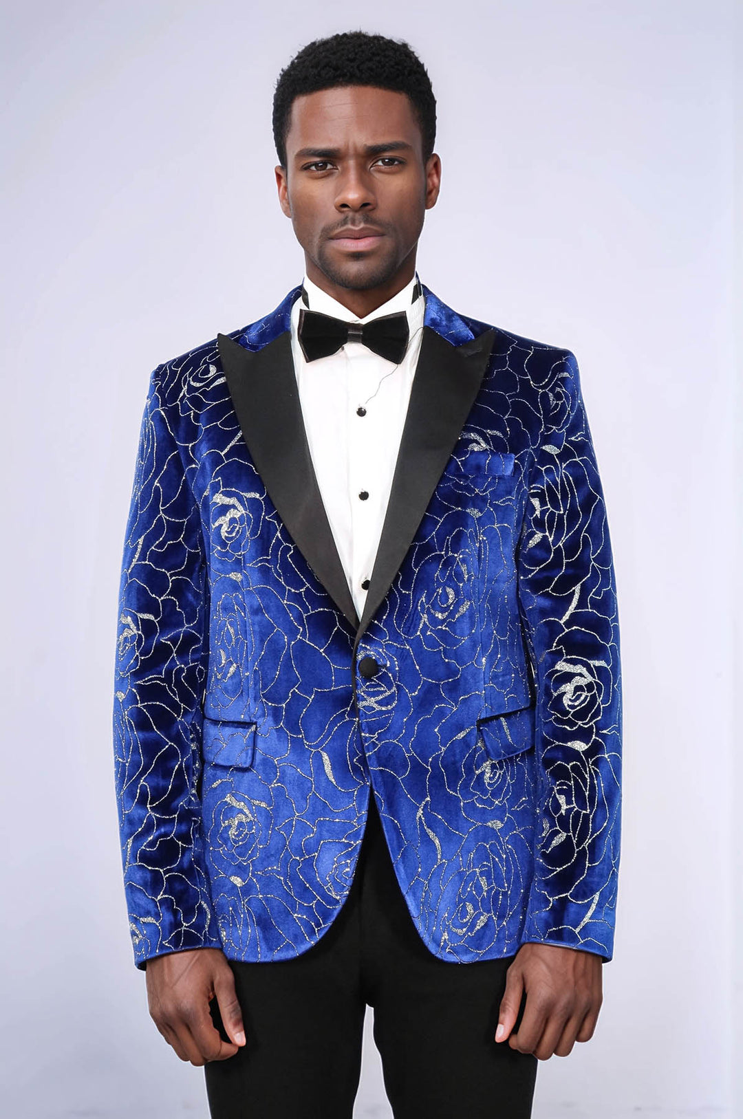 Blazer de graduación para hombre con estampado de rosas plateadas sobre azul - Wessi