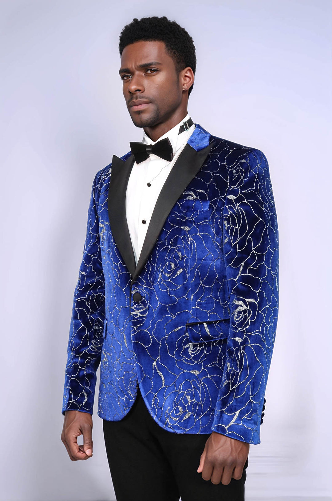 Blazer de graduación para hombre con estampado de rosas plateadas sobre azul - Wessi