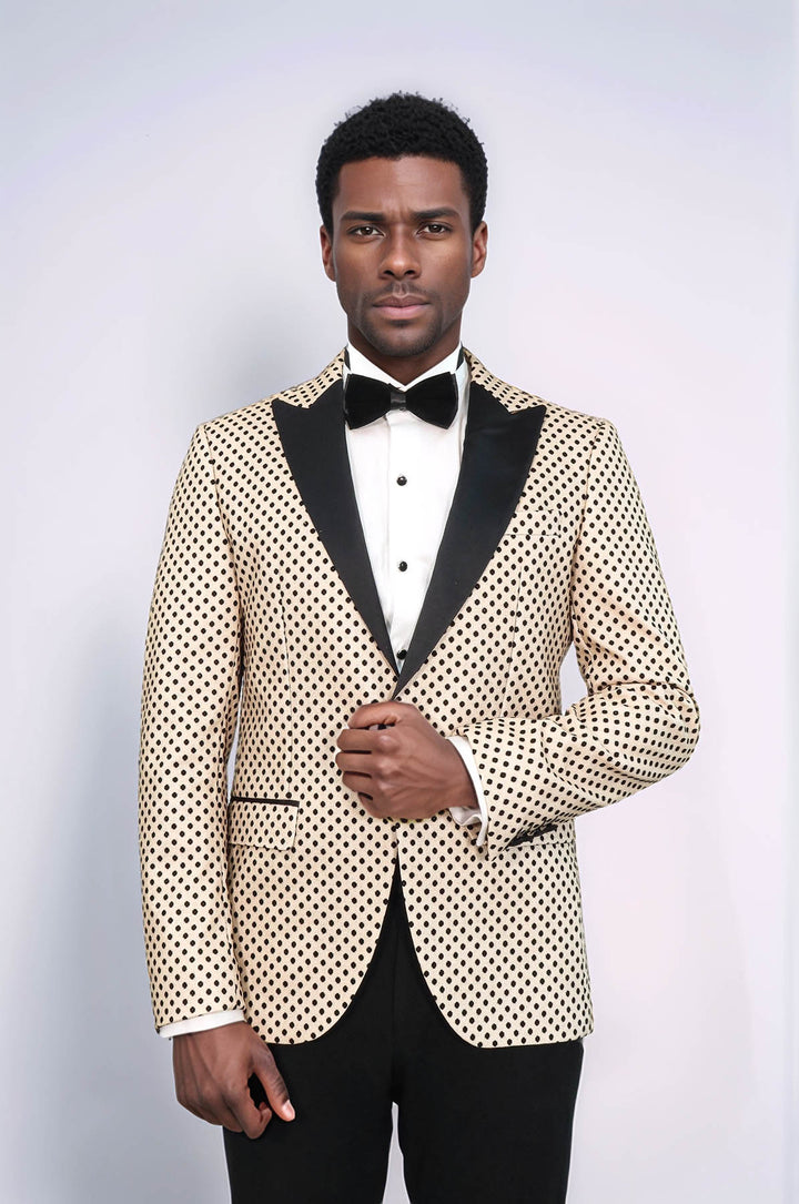 Sequin Dot Patterned Cream Men Prom Blazer and Trousers Combination Suit- Wessi