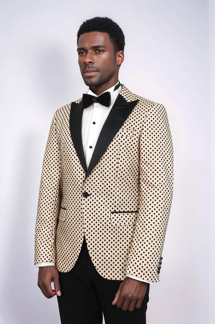 Sequin Dot Patterned Cream Men Prom Blazer and Trousers Combination Suit- Wessi