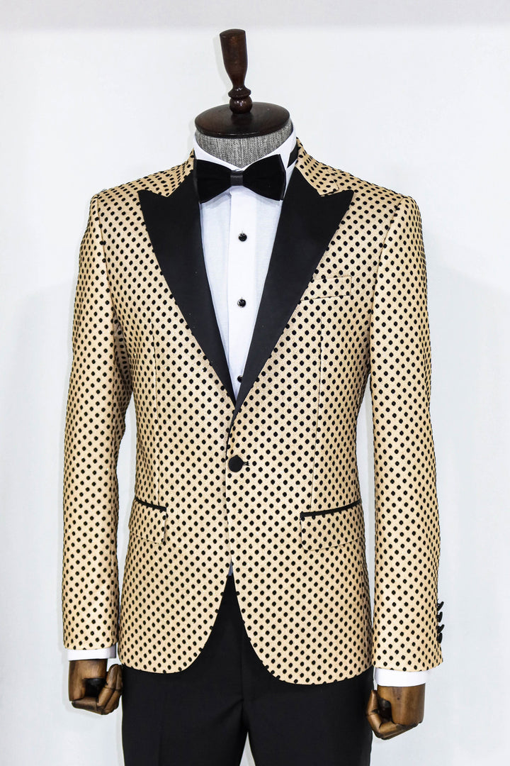 Sequin Dot Patterned Cream Men Prom Blazer and Trousers Combination- Wessi