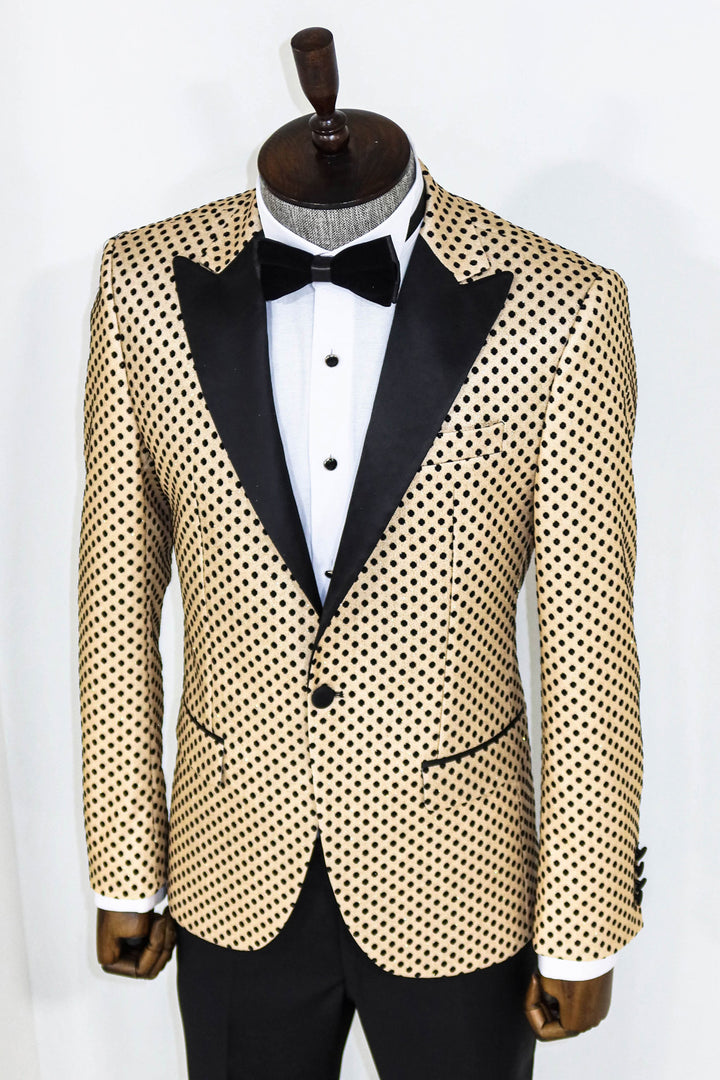 Sequin Dot Patterned Cream Men Prom Blazer and Trousers Combination- Wessi