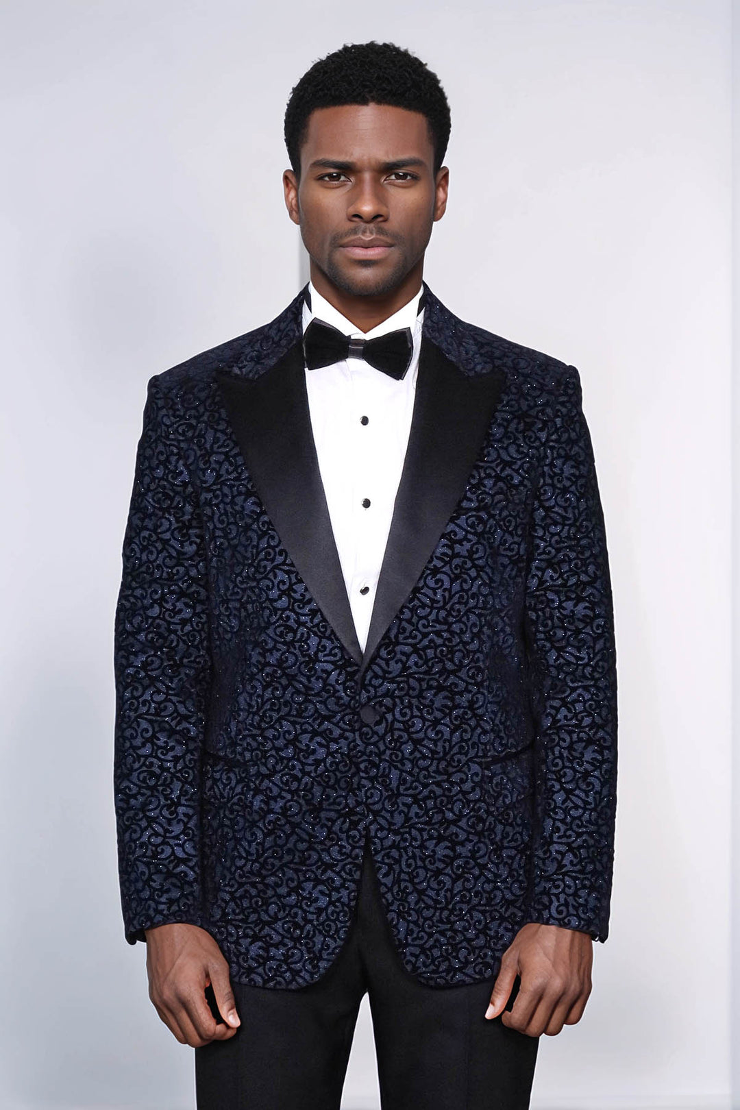 Scroll Patterned Navy Blue Men Prom Blazer and Trousers Combination Suit- Wessi