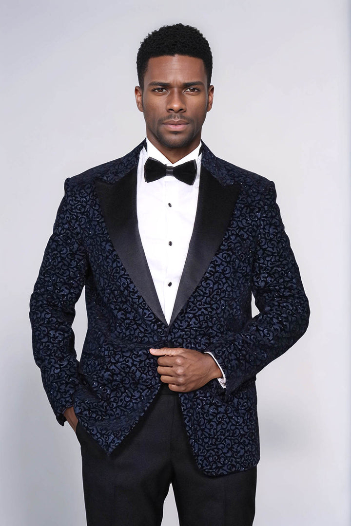 Scroll Patterned Navy Blue Men Prom Blazer and Trousers Combination Suit- Wessi