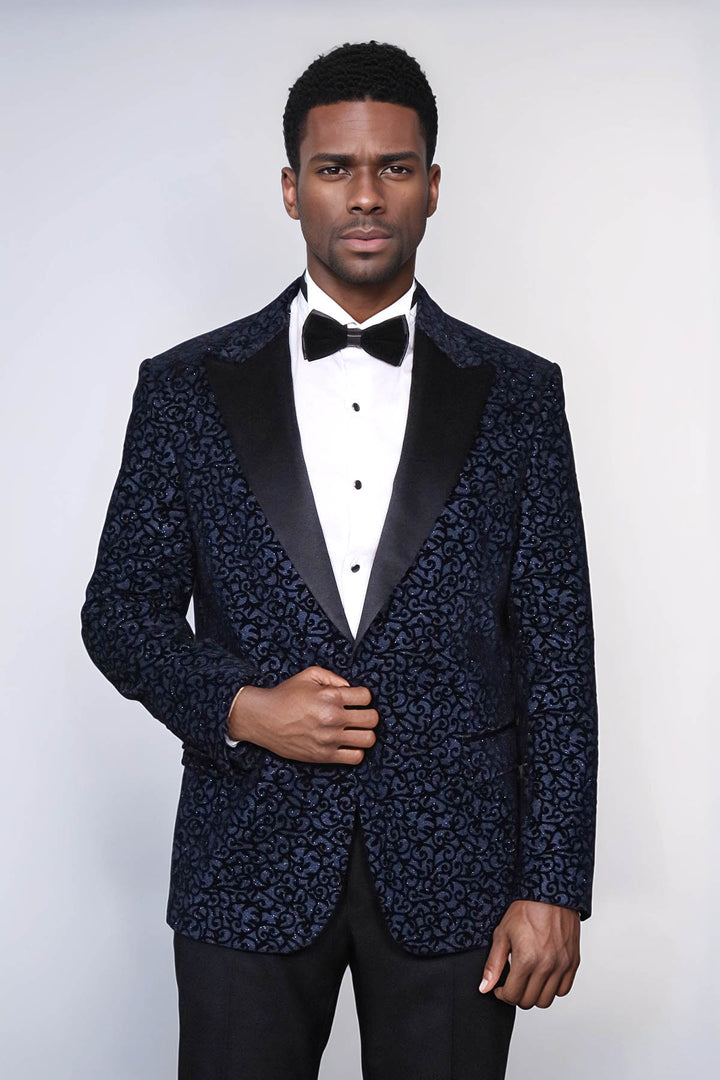 Scroll Patterned Navy Blue Men Prom Blazer and Trousers Combination Suit- Wessi