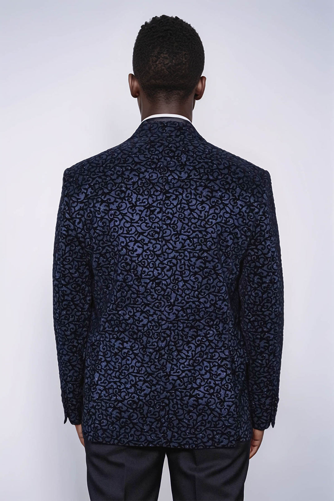 Scroll Patterned Navy Blue Men Prom Blazer and Trousers Combination Suit- Wessi