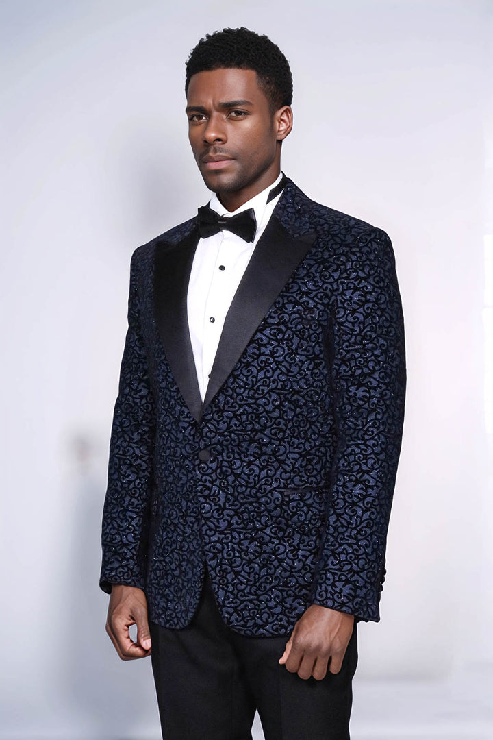 Scroll Patterned Navy Blue Men Prom Blazer and Trousers Combination Suit- Wessi