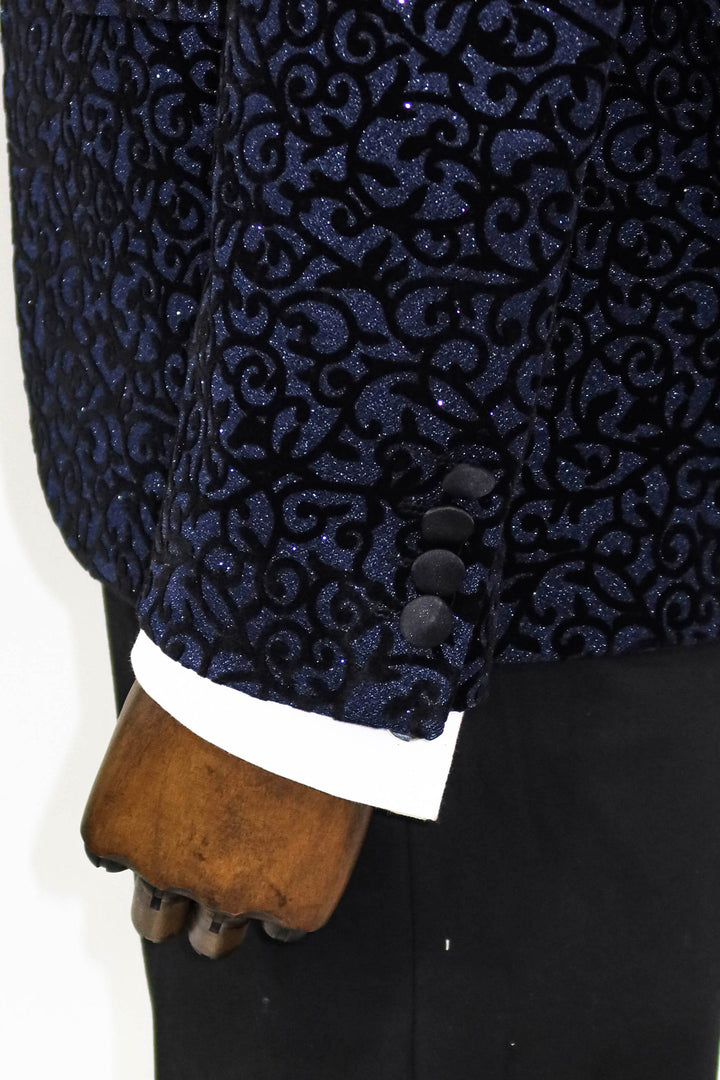 Scroll Patterned Navy Blue Men Prom Blazer and Trousers Combination - Wessi