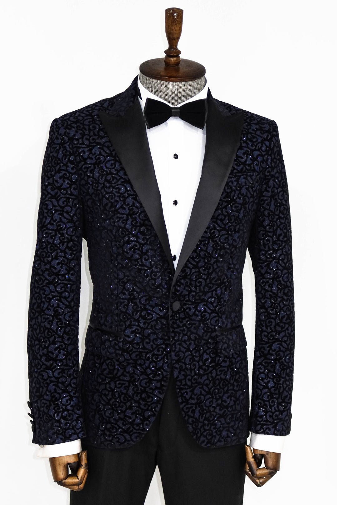 Scroll Patterned Navy Blue Men Prom Blazer and Trousers Combination - Wessi