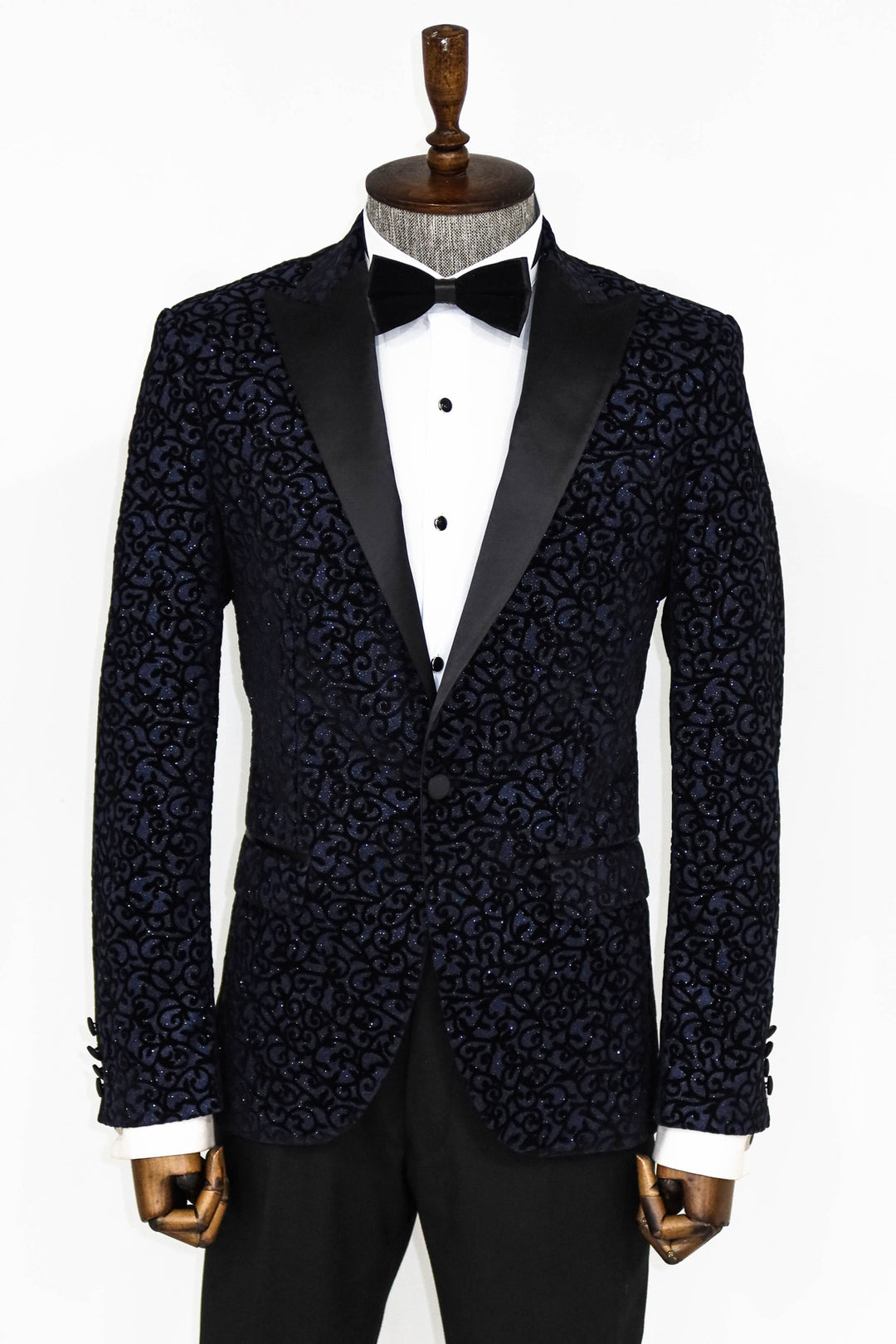 Scroll Patterned Navy Blue Men Prom Blazer and Trousers Combination - Wessi