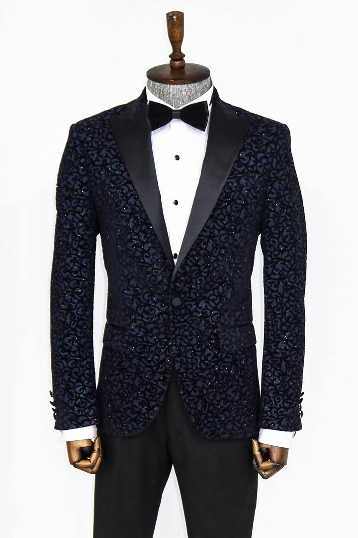 Scroll Patterned Navy Blue Men Prom Blazer and Trousers Combination - Wessi