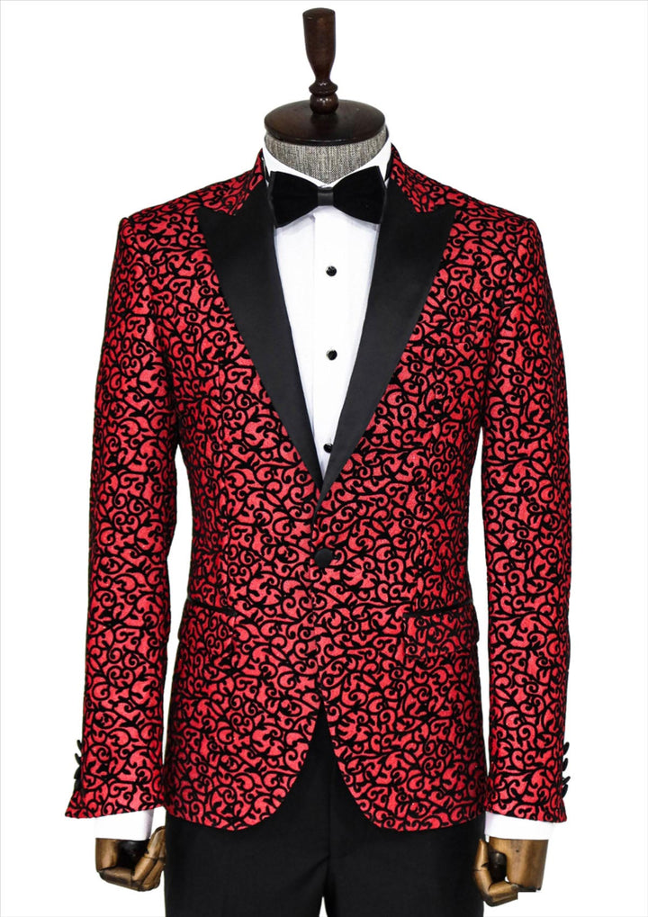 Scroll Patterned Burgundy Men Stage Tuxedo  Blazer - Wessi