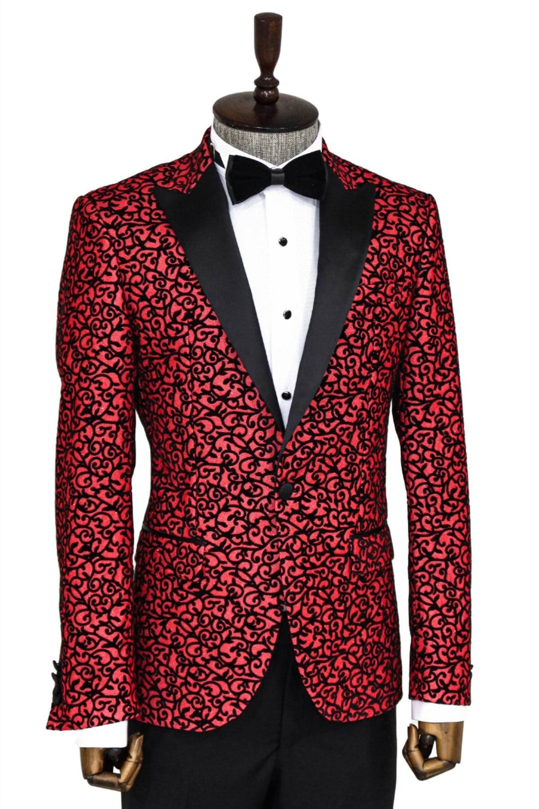 Scroll Patterned Burgundy Men Stage Tuxedo  Blazer - Wessi