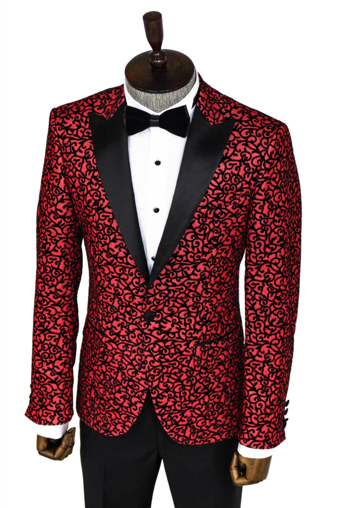 Scroll Patterned Burgundy Men Prom Blazer - Wessi