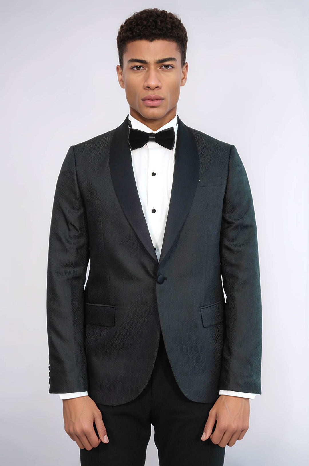 Pentagon Patterned Shawl Lapel Black Men Prom Blazer and Trousers Combination Suit - Wessi