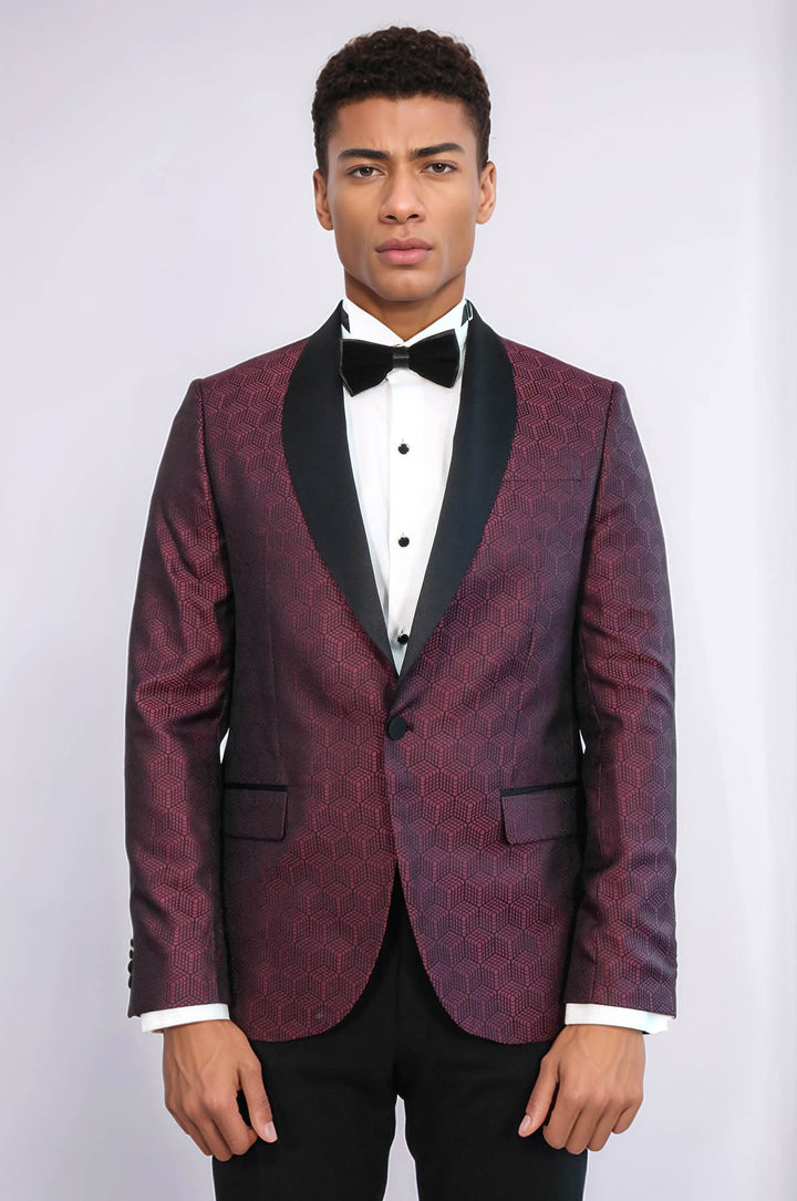 Pentagon Patterned Shawl Lapel Burgundy Men Dinner Jacket - Wessi