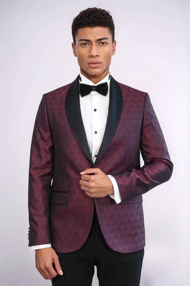 Pentagon Patterned Shawl Lapel Burgundy Men Dinner Jacket - Wessi