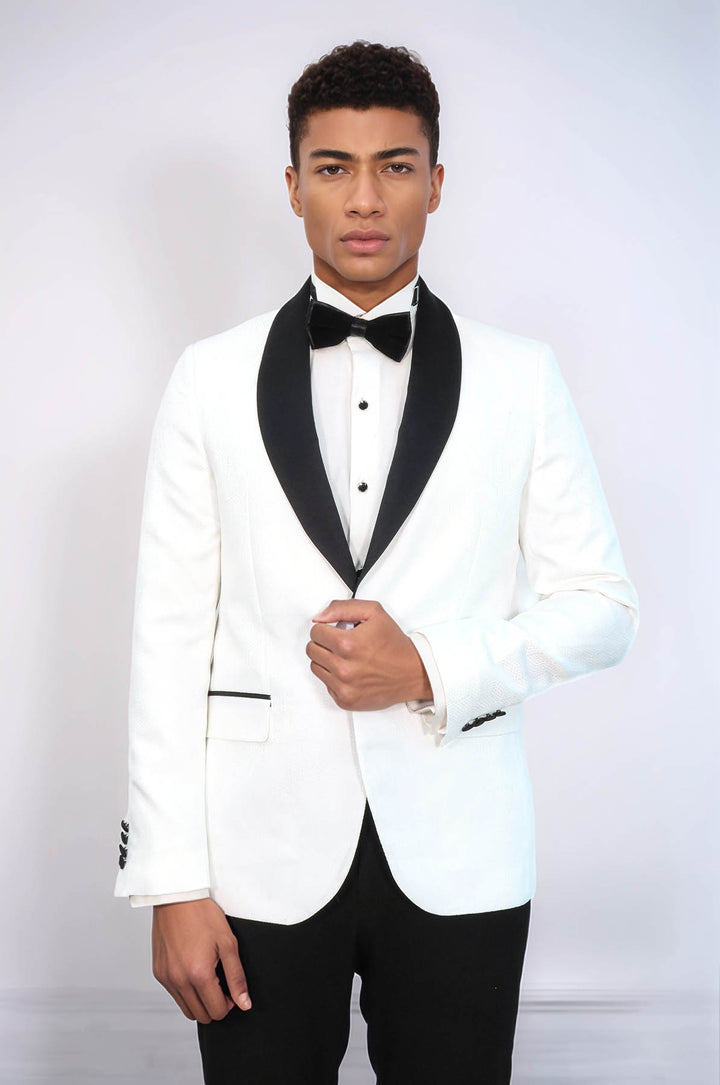 Pentagon Patterned Shawl Lapel White Men Wedding Tuxedo Jacket - Wessi