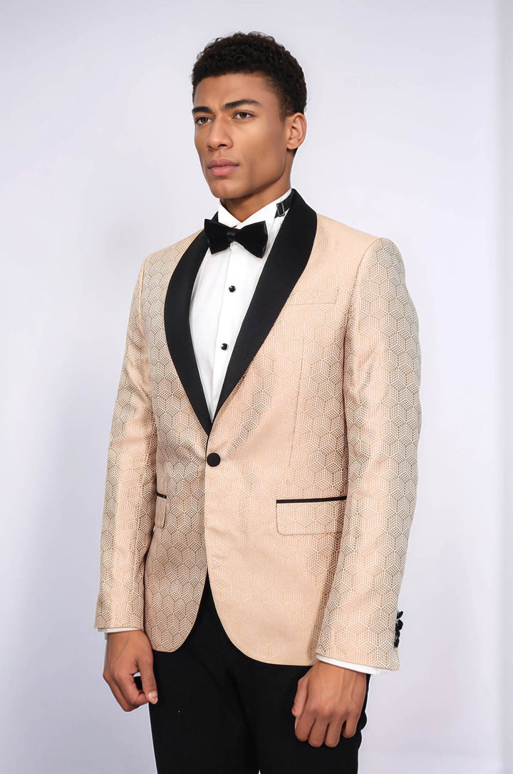 Pentagon Patterned Shawl Lapel Cream Men Dinner Jacket - Wessi