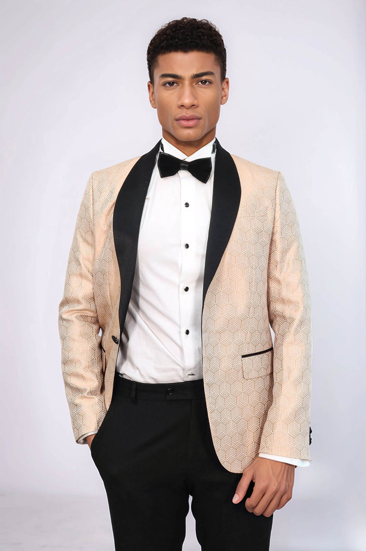 Pentagon Patterned Shawl Lapel Cream Men Dinner Jacket - Wessi