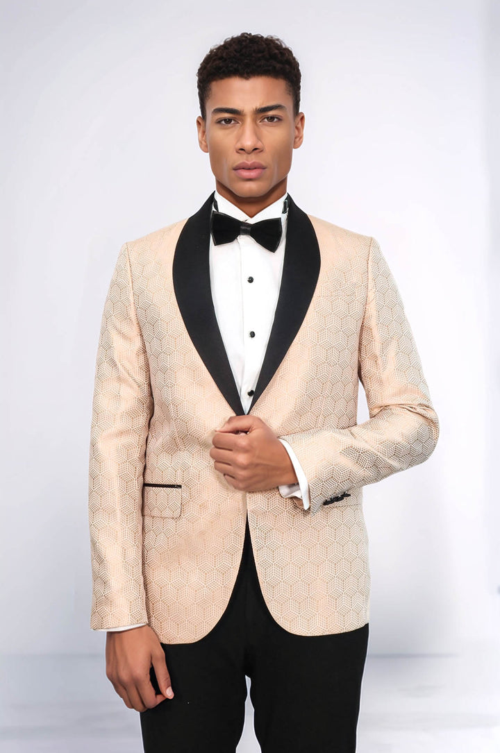 Pentagon Patterned Shawl Lapel Cream Men Dinner Jacket - Wessi