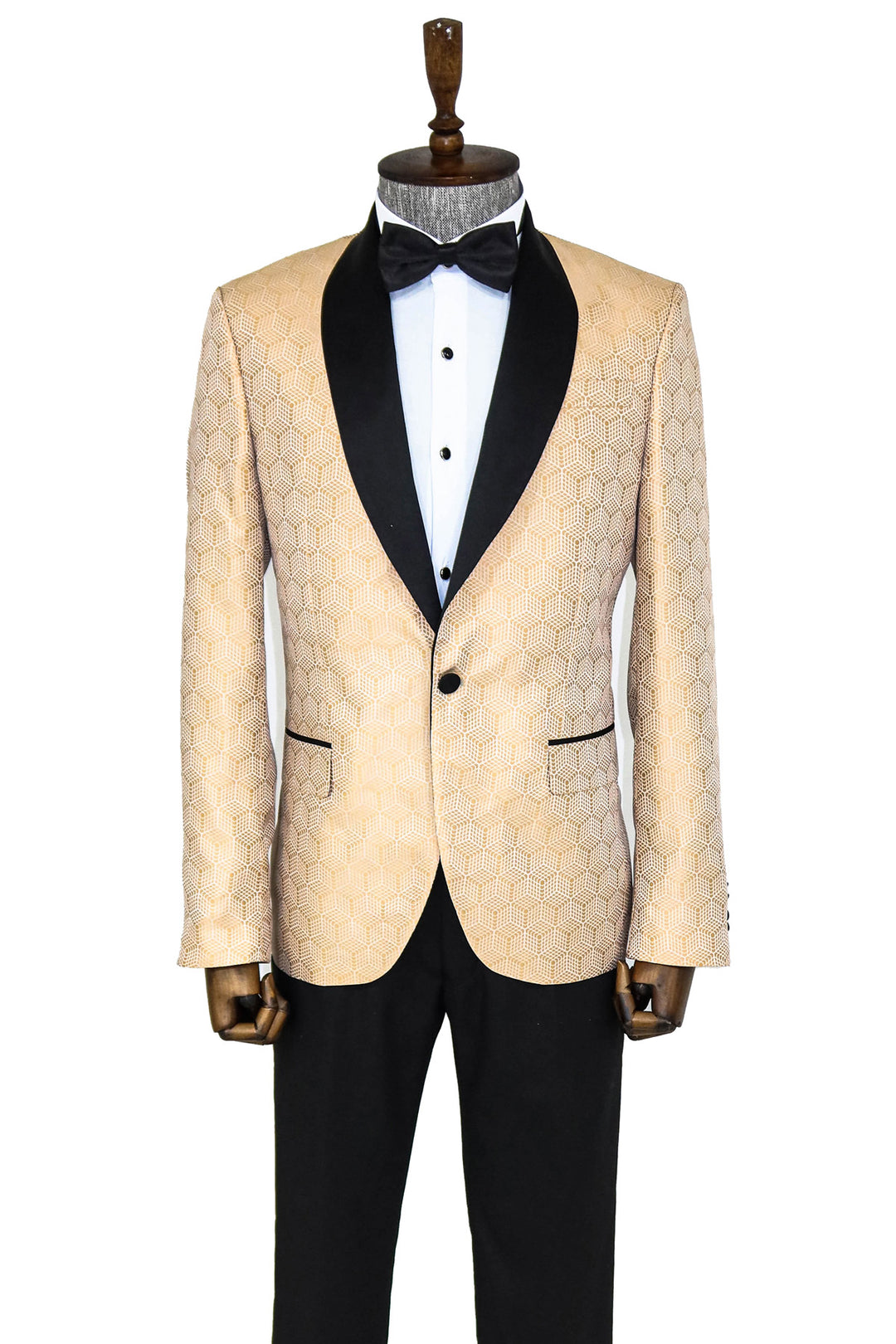 Pentagon Patterned Shawl Lapel Cream Men Prom Blazer  and Trousers Combination- Wessi