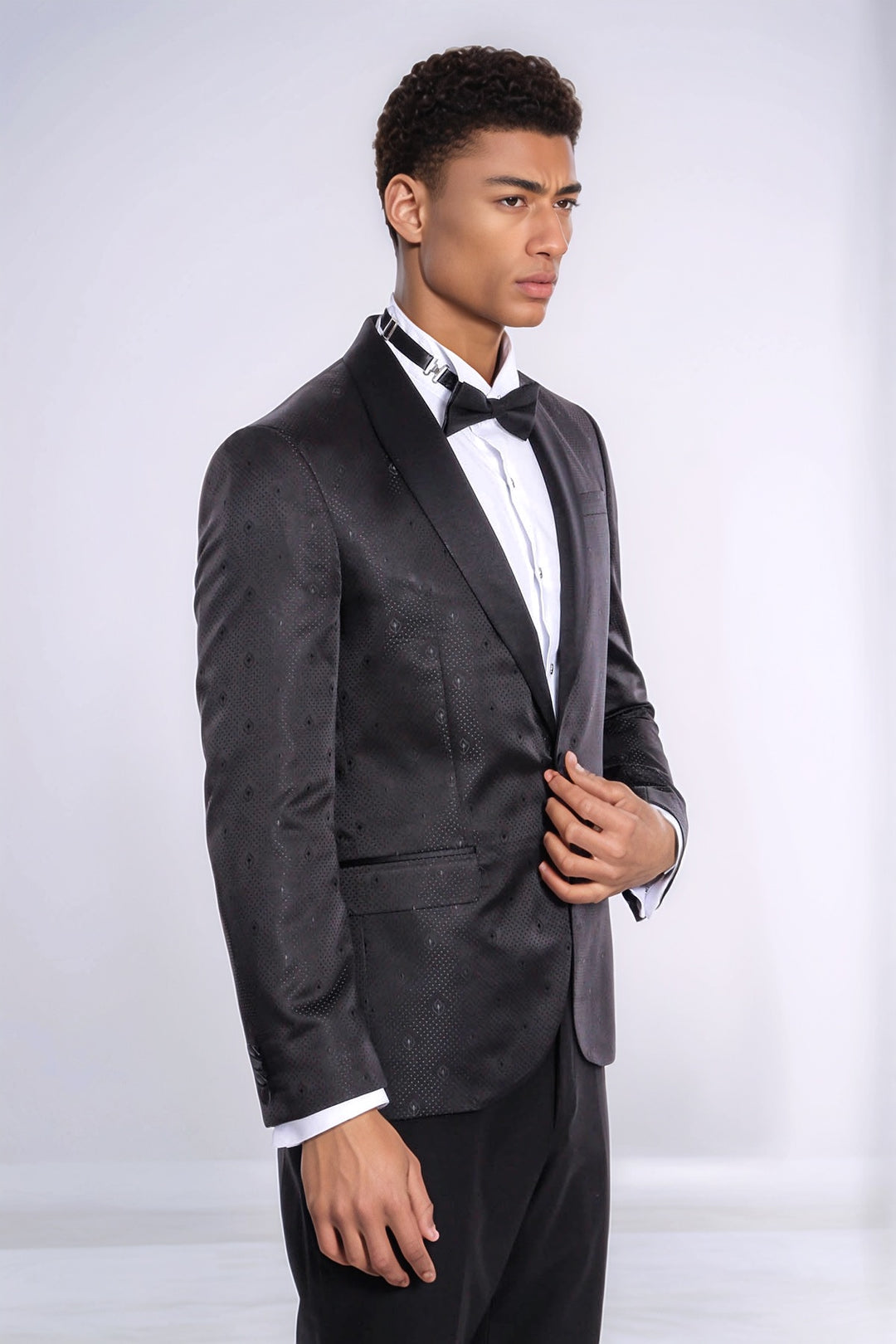 Dot Patterned Slim Fit Black Men Prom Blazer and Trousers Combination Suit - Wessi