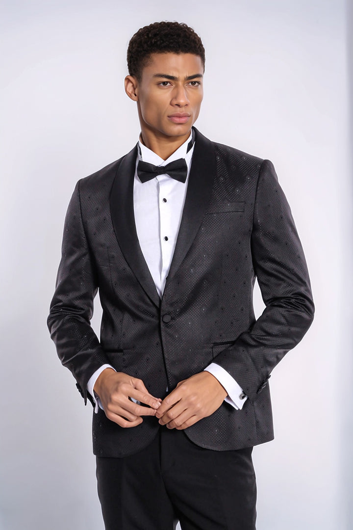 Dot Patterned Slim Fit Black Men Prom Blazer and Trousers Combination Suit - Wessi