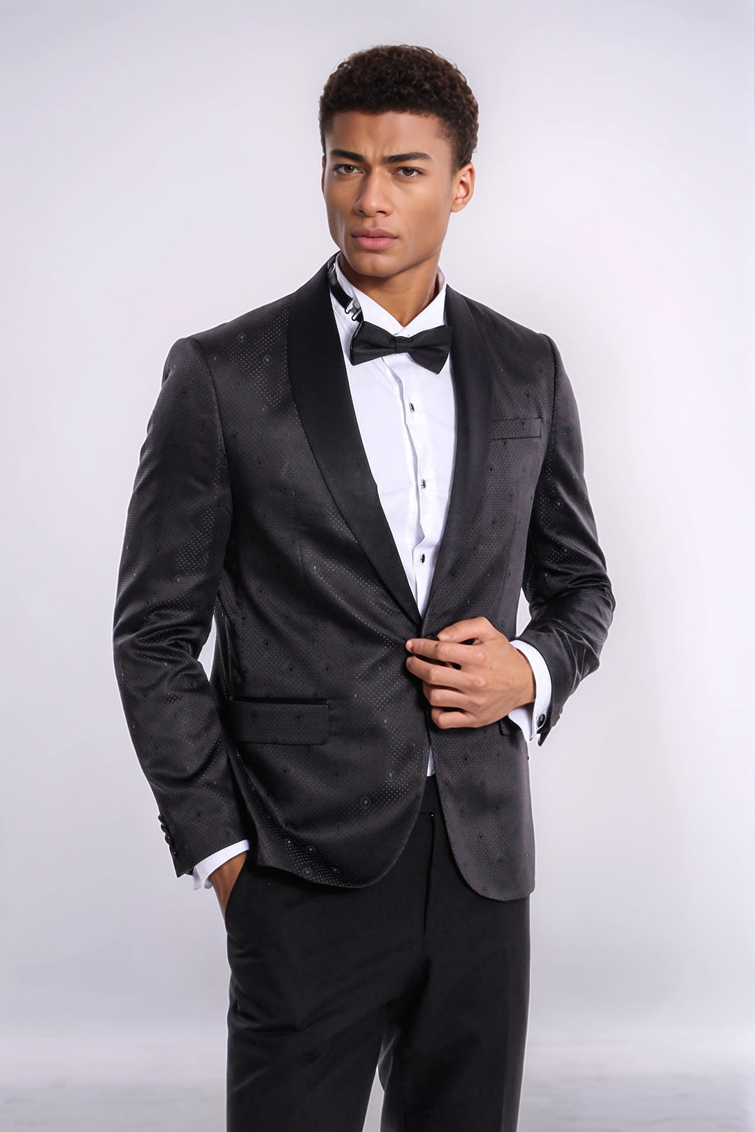 Dot Patterned Slim Fit Black Men Prom Blazer and Trousers Combination Suit - Wessi