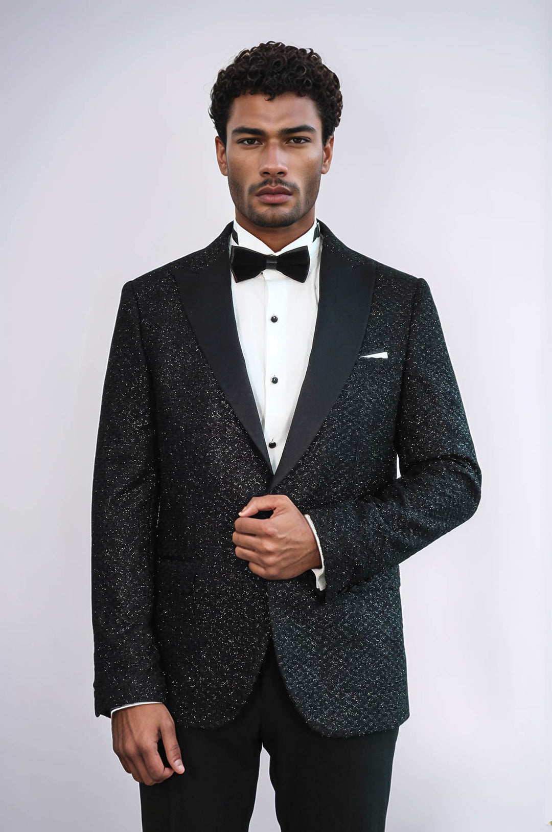 Gingham Patterned Glitter Black Men Prom Blazer and Trousers Combination Suit- Wessi