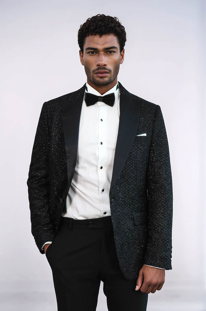 Gingham Patterned Glitter Black Men Prom Blazer and Trousers Combination Suit- Wessi