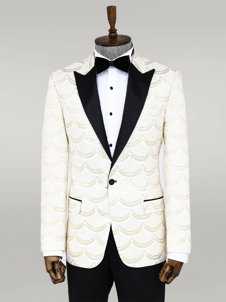 Patterned Slim Fit White Men Prom Blazer - Wessi