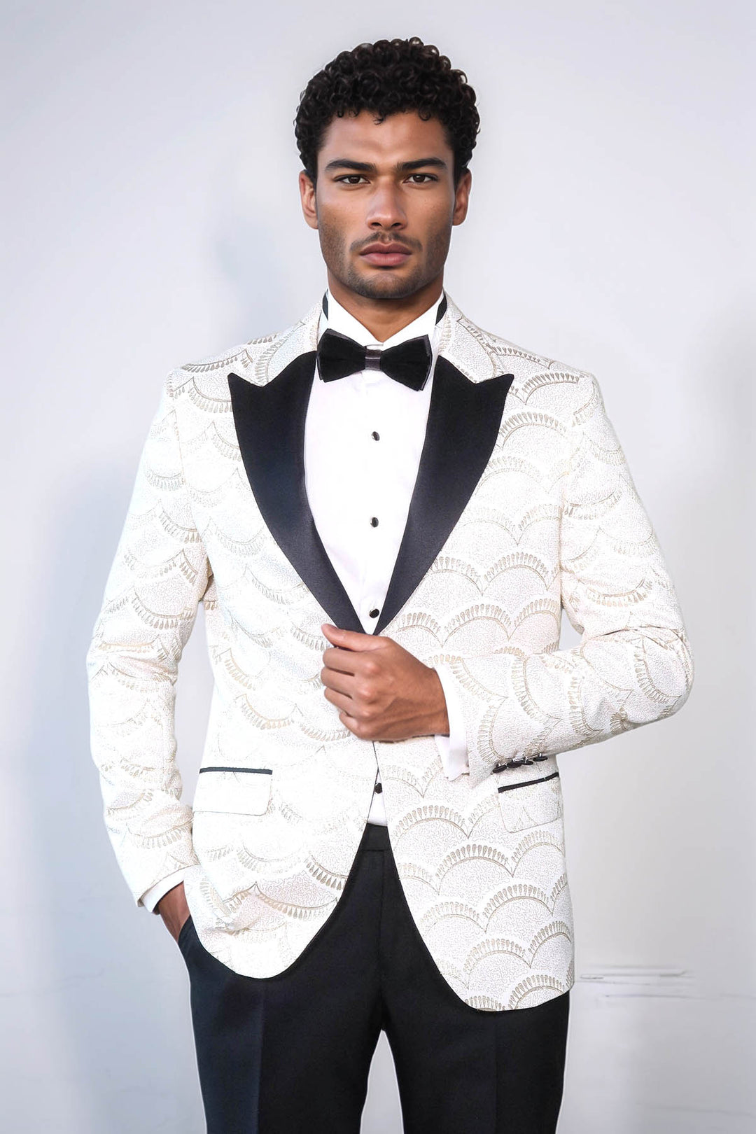 Patterned Slim Fit White Men Dinner Jacket - Wessi