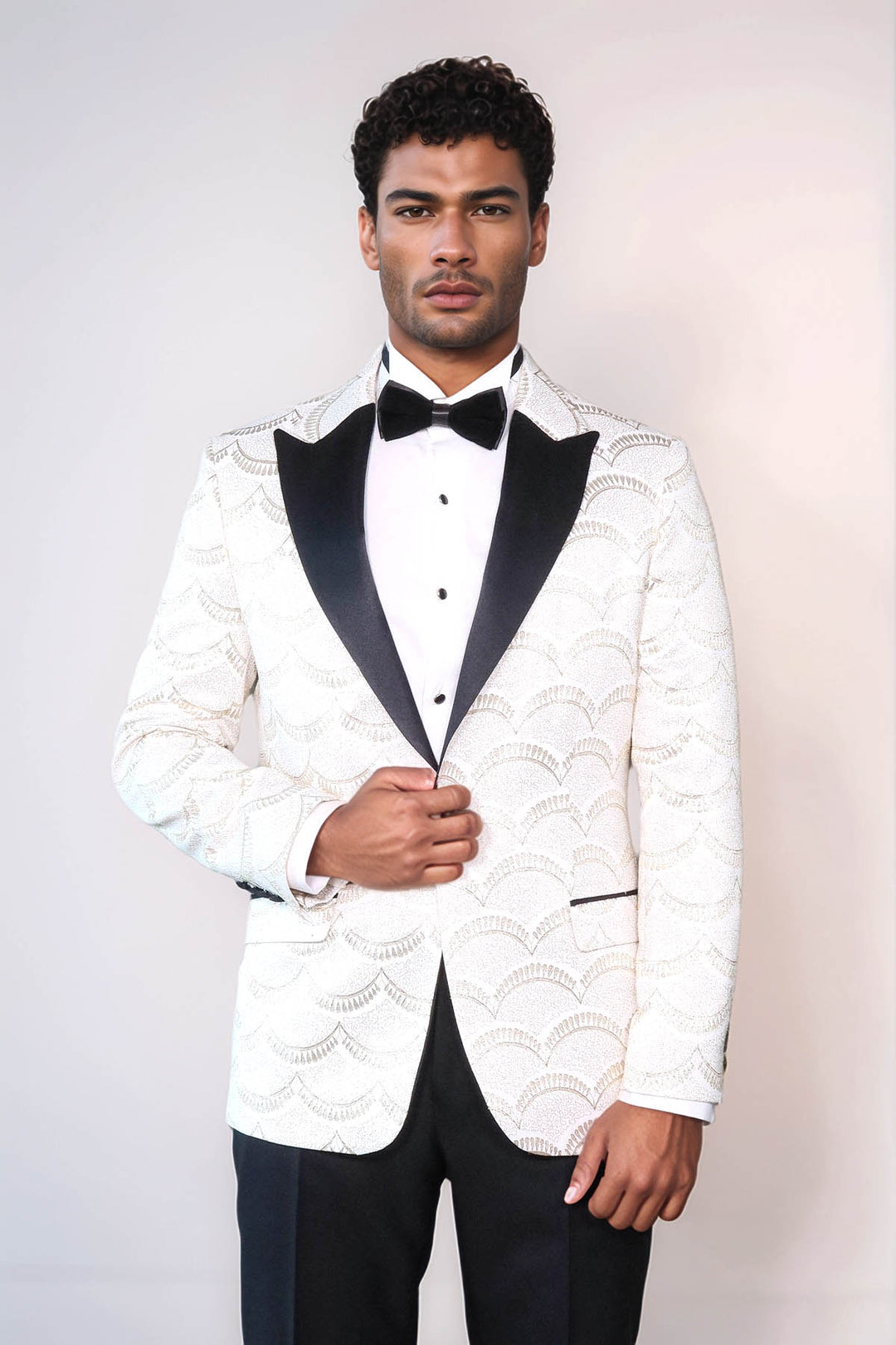 Patterned Slim Fit White Men Dinner Jacket - Wessi