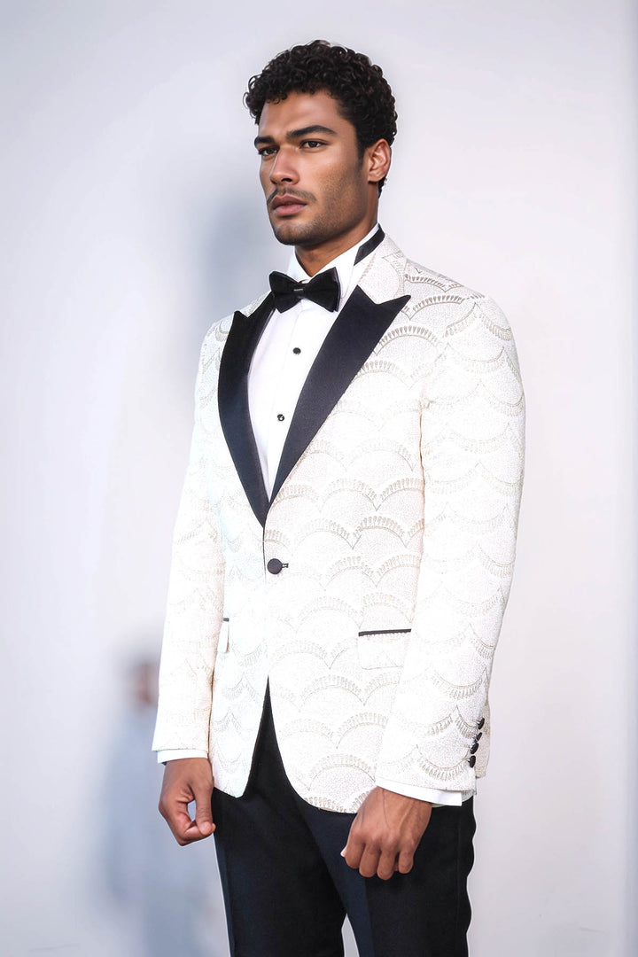 Patterned Slim Fit White Men Dinner Jacket - Wessi