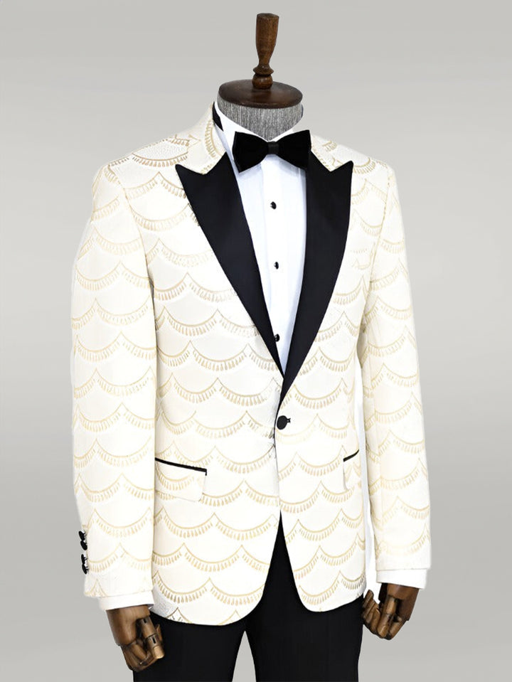 Patterned Slim Fit White Men Prom Blazer - Wessi