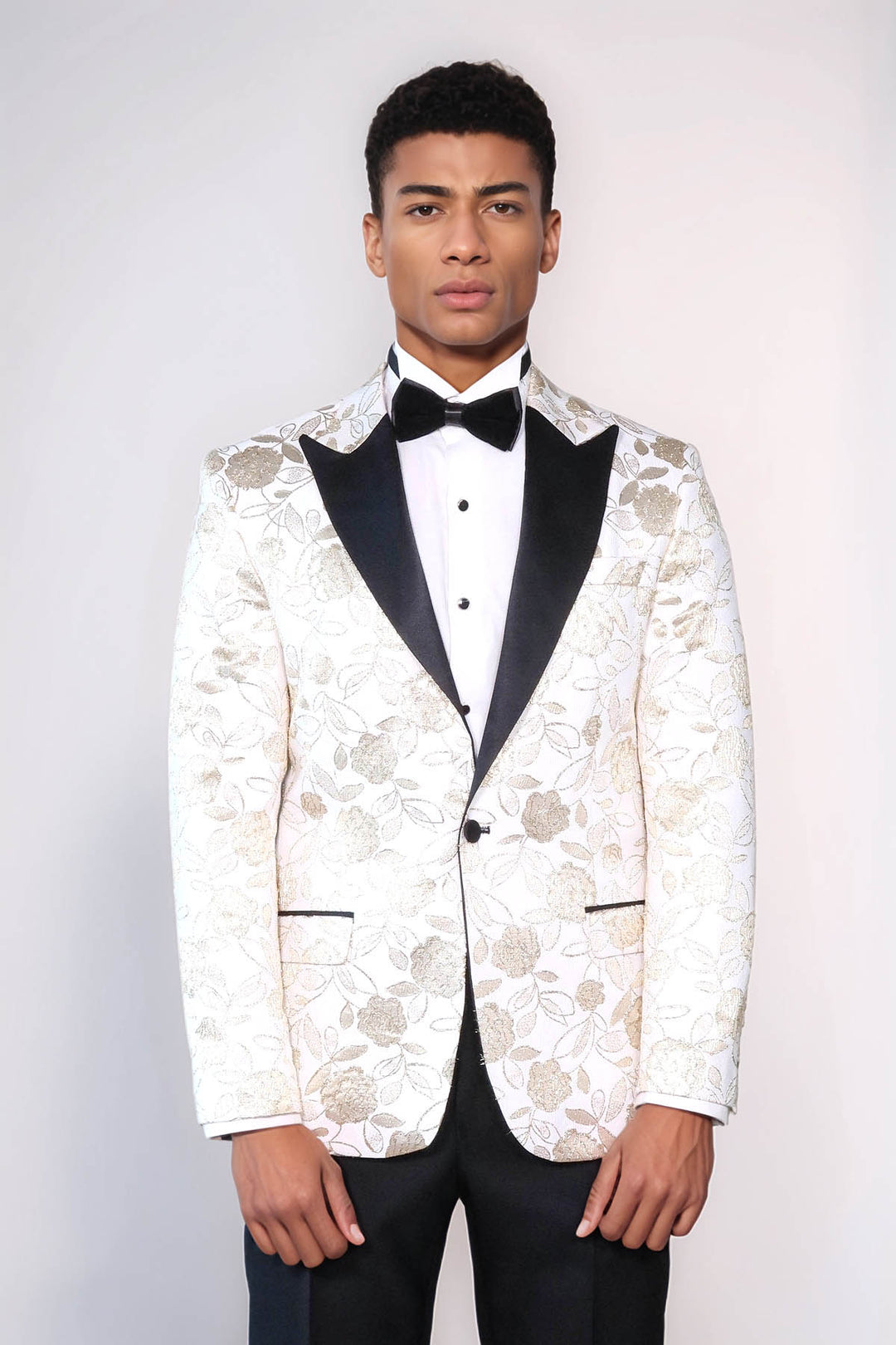 Floral Patterned White Men Tuxedo Blazer - Wessi